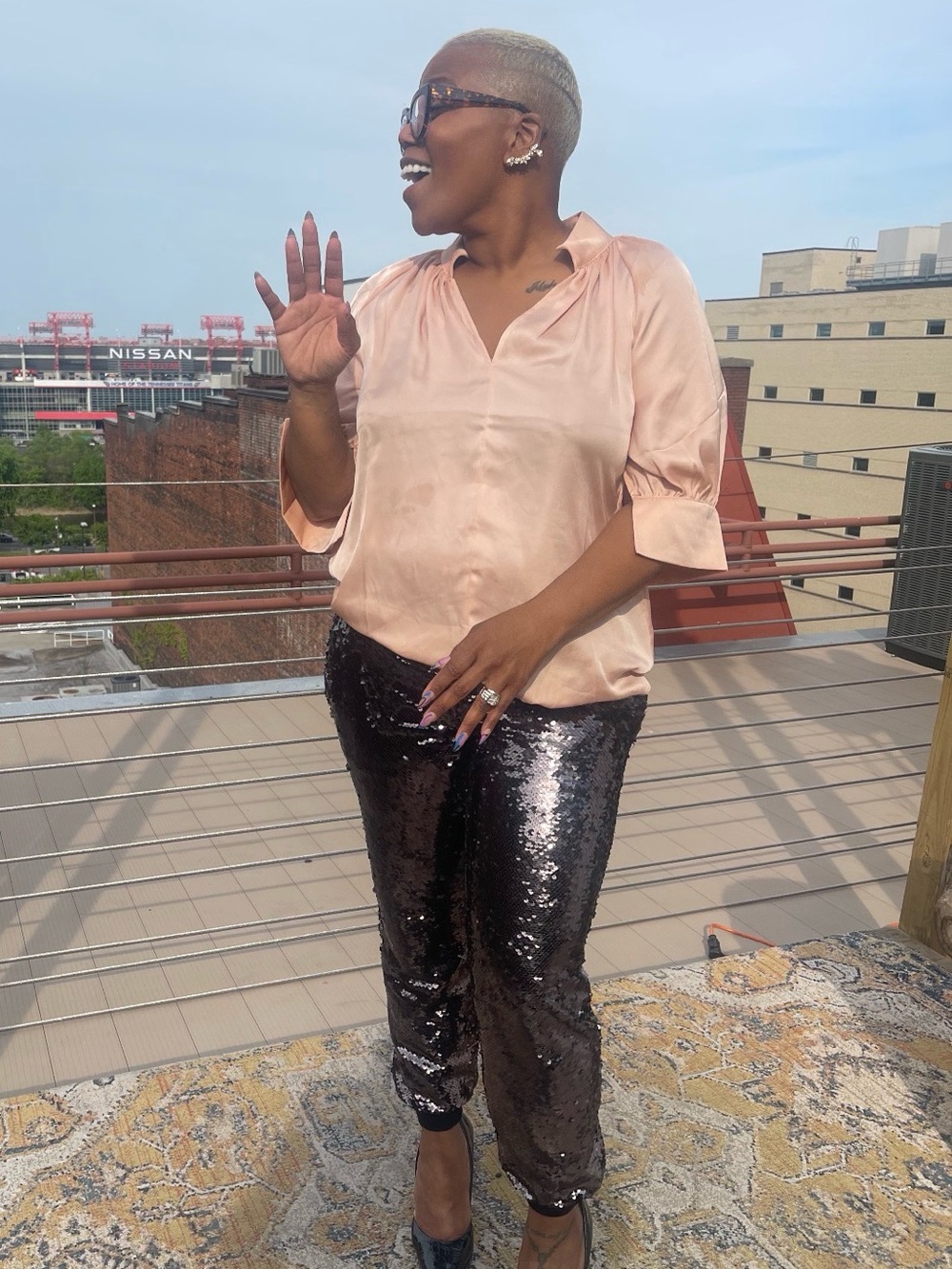 H&M Blush Peach Satin V-Neck Blouse